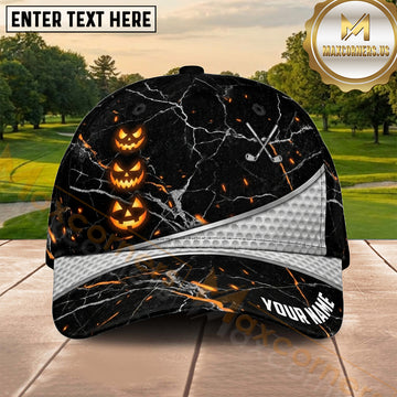 Maxcorners Golf Halloween Glowing Pumpkins Black Marble Personalized Name 3D Cap