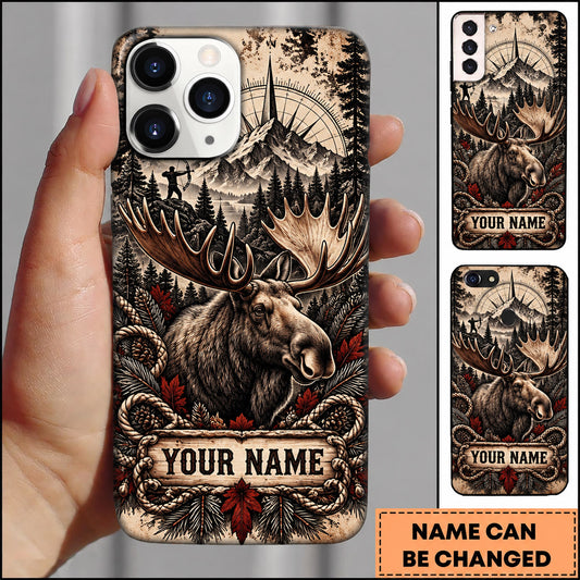 Maxcorners Moose Hunting Vintage Monochrome Forest Badge Personalized Name 3D Phone Case