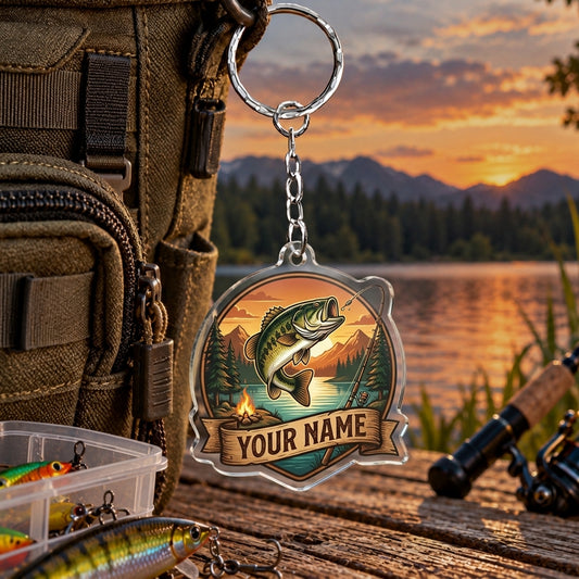 Maxcorners Vintage Orange Sunset Fishing Badge Personalized Name 2D Acrylic Keychain Ornament (8 Fish Species)