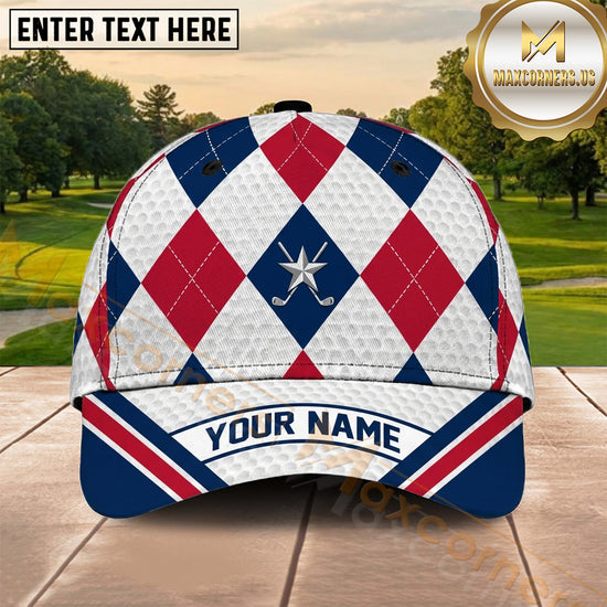 Maxcorners Golf Patriotic Red Blue Argyle Personalized Name 3D Cap