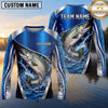 Maxcorners Fishing Shirt Royal Blue Metallic Silver Geometric Pattern Multiple Options Personalized Name, Team Name 3D Long Sleeve Shirt (13 Fish Species)