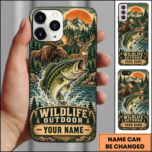 Maxcorners Bass Fishing Bear Mountain Wilderness Scene Personalized Name 3D Phone Case