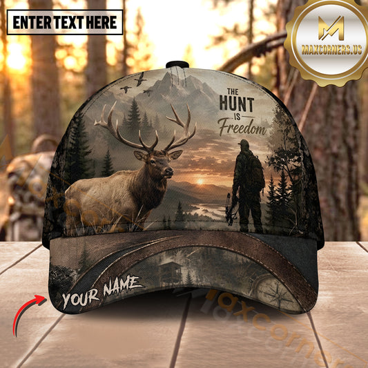 Maxcorners Hunting Wilderness Sunset Hunter Freedom Personalized Name 3D Cap (Deer/Mooe/Bear/Duck/Turkey/Boar)