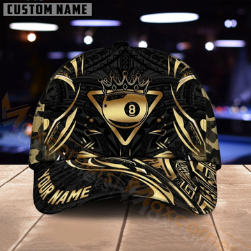 Maxcorners Billiards 8 Ball Luxury Black Gold Geometric Multiple Options Personalized Name 3D Cap