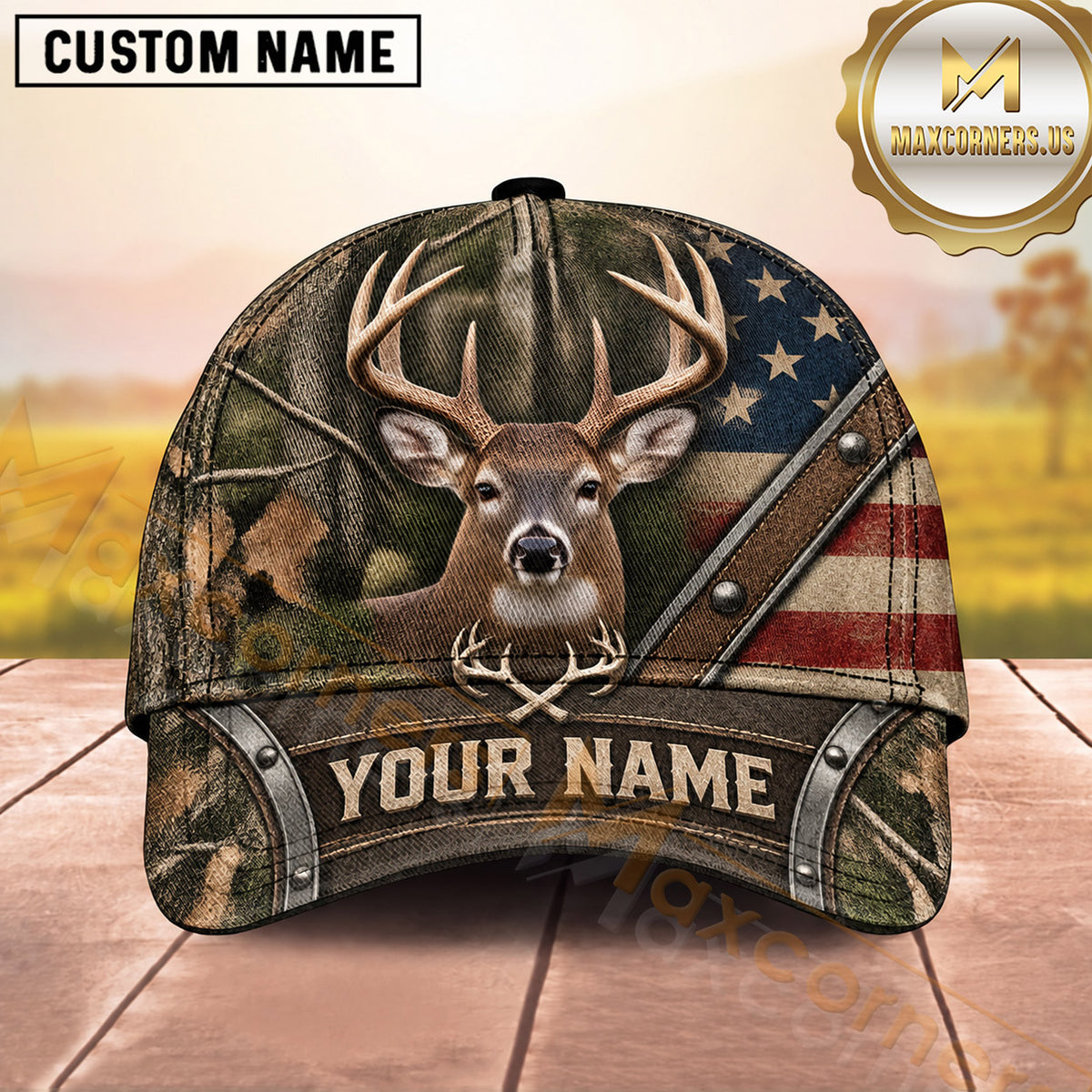 Maxcorners Deer Hunting Trophy Buck American Flag Hunting Design  Personalized Name 3D Cap