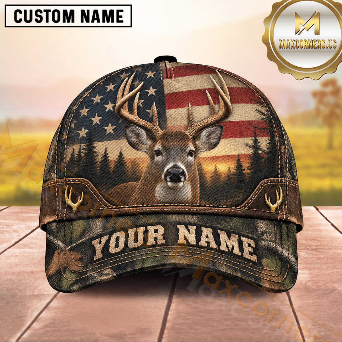 Maxcorners Deer Hunting Buck American Flag Forest Landscape Design  Personalized Name 3D Cap