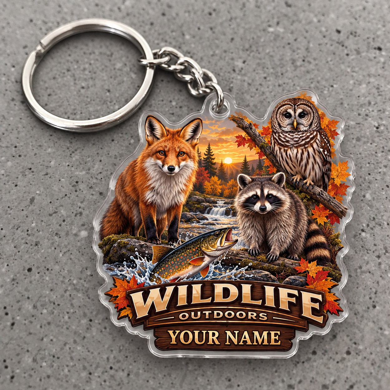 Maxcorners Wildlife Outdoors Fox Raccoon Owl Design Custom Name Trap Hunting Custom Gift 2D Flat Acrylic Ornament, Keychain