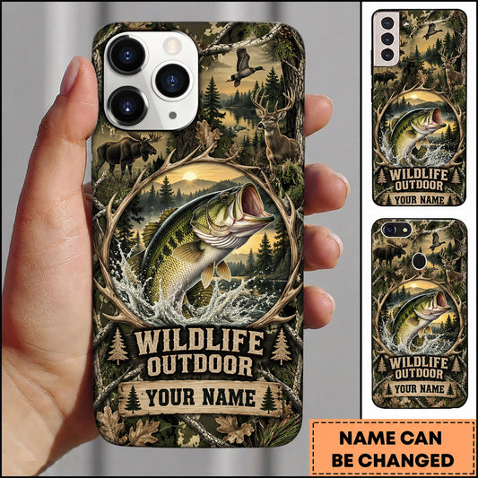 Maxcorners Bass Fishing Trophy Fish Pine Forest Wildlife Personalized Name 3D Phone Case