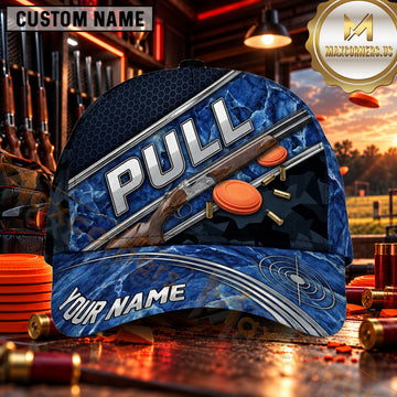 Maxcorners PULL Shotgun Silver Stripe Trap Shooting Personalized Name 3D Cap