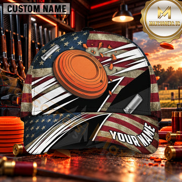 Maxcorners Distressed American Flag Clay Target Trap Shooting Personalized Name 3D Cap
