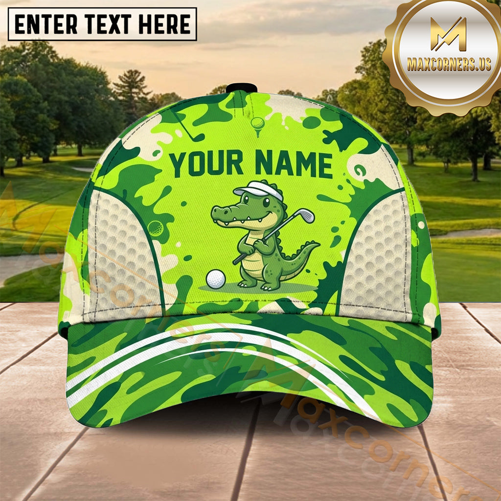 Maxcorners Golf Funny Green Crocodile Camo Personalized Name 3D Cap