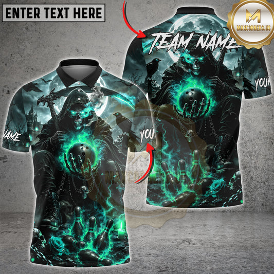 Maxcorners Bowling Grim Reaper Flaming Ball and Pins Multiple Options Personalized Name, Team Name 3D Shirt