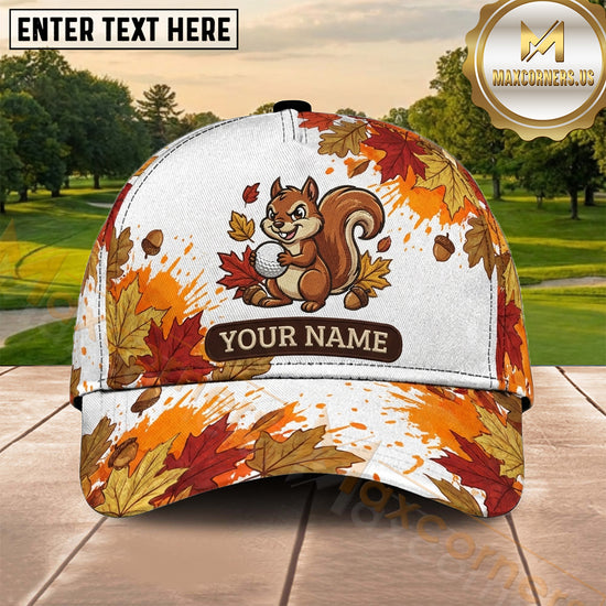 Maxcorners Golf Cute Squirrel Autumn Leaves Personalized Name 3D Cap