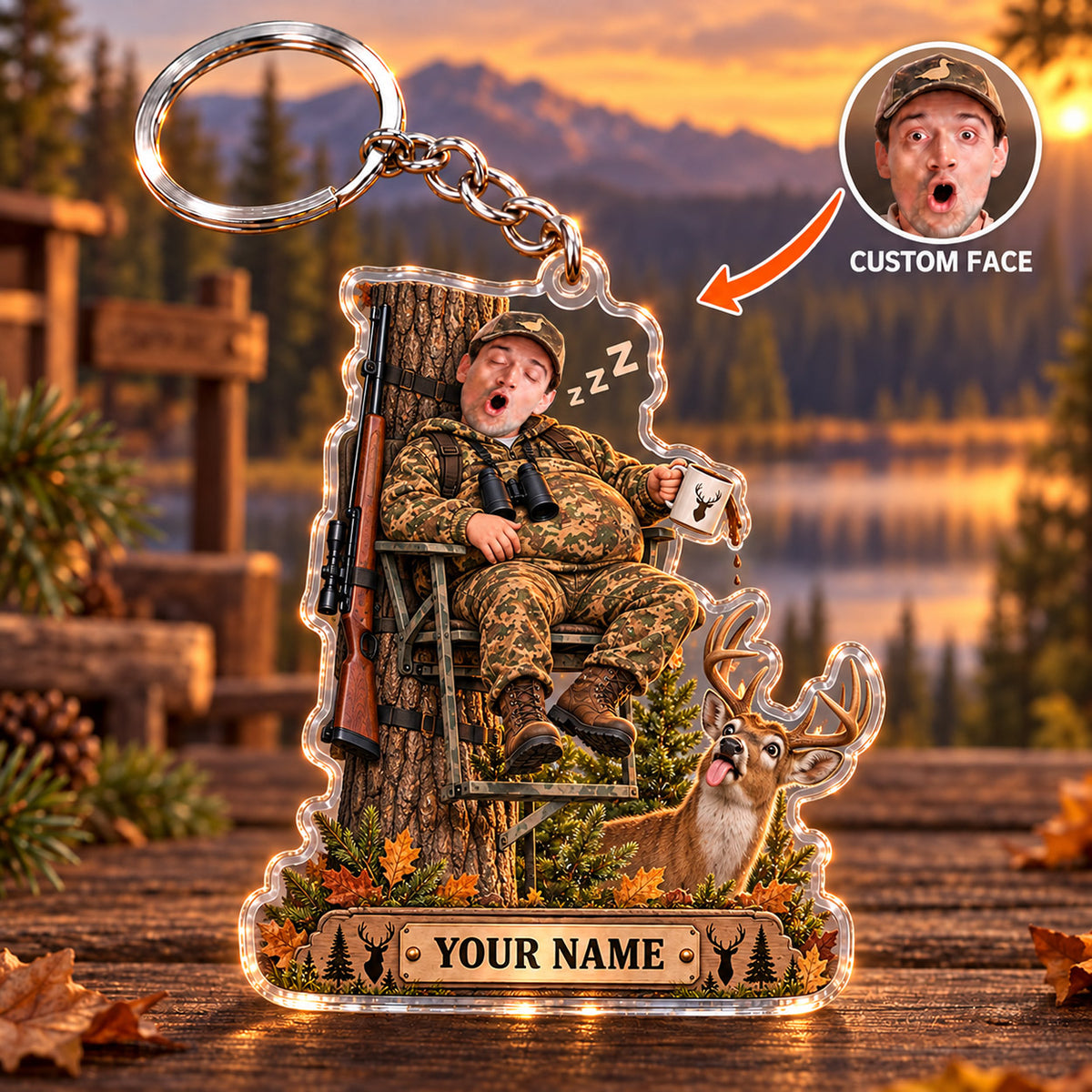 Maxcorners Deer Hunting Tree Stand Hunter Whitetail Buck Custom Name & Face Custom Gift 2D Flat Acrylic Ornament, Keychain