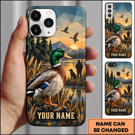 Maxcorners Mallard Duck Hunting Geometric Marsh Hunter Scene Personalized Name 3D Phone Case