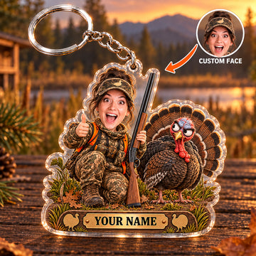 Maxcorners Turkey Hunting Funny Female Hunter Turkey Buddy Custom Name & Face Custom Gift 2D Flat Acrylic Ornament, Keychain