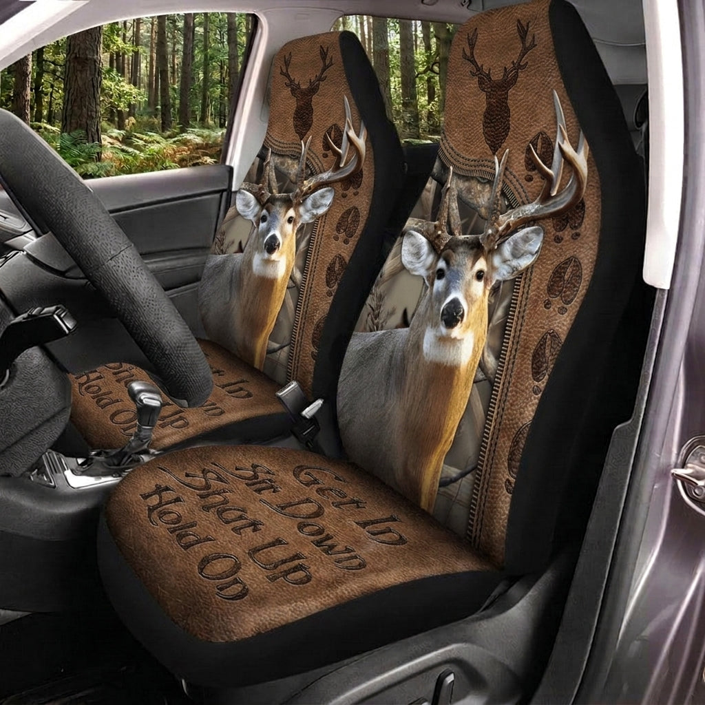 Maxcorners Deer Hunting Hold On Brown Leather Pattern Car Seat Covers