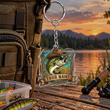 Maxcorners Rustic Wooden Sign Fishing Artwork Personalized Name 2D Acrylic Keychain Ornament (8 Fish Species)