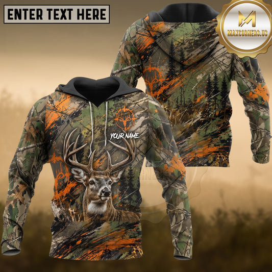 Maxcorners Deer Hunting Orange Camo Whitetail Buck Grunge Forest Multiple Options Personalized Name 3D Hoodie