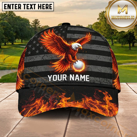 Maxcorners Golf Flaming Phoenix Black American Flag Personalized Name 3D Cap