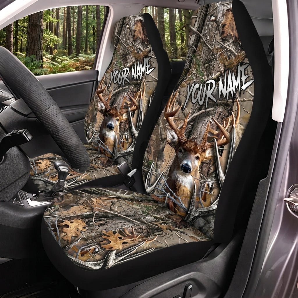 Maxcorners Deer Hunting Brown Camo Buck Personalized Name Car Seat Covers