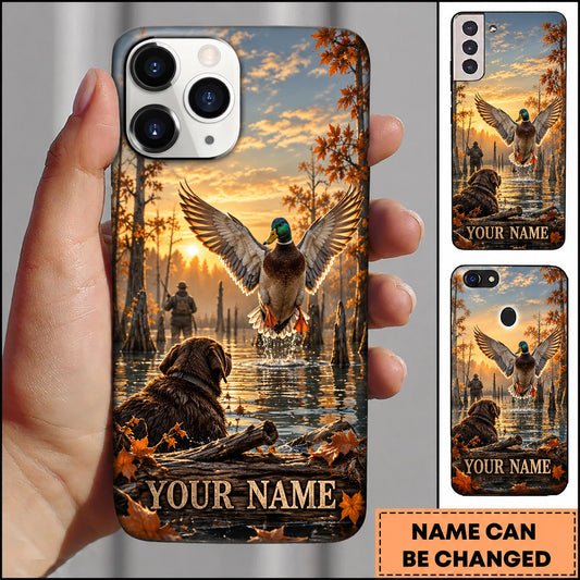 Maxcorners Duck Hunting Black Lab Flying Mallard Sunset Marsh Personalized Name 3D Phone Case