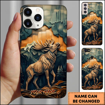 Maxcorners Elk Wildlife Layered Wood Carving Mountain Sunset Multiple Options Personalized Name Phone Case
