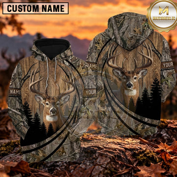 Maxcorners Trophy Whitetail Buck Woodland Camo Personalized Name 3D Hoodie