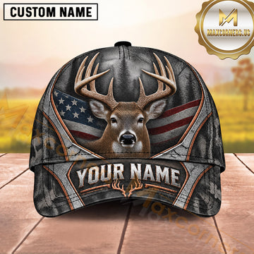 Maxcorners Deer Hunting Trophy Buck American Flag Wing Design  Personalized Name 3D Cap