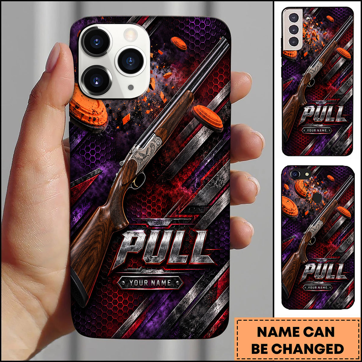 Maxcorners Trap Shooting Shotgun Purple Red Motion Clay Targets Personalized Name 3D Phone Case