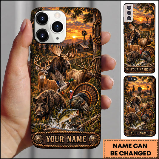 Maxcorners Wildlife Outdoor Hunting Deer Turkey Forest Sunset Scene Personalized Name 3D Phone Case