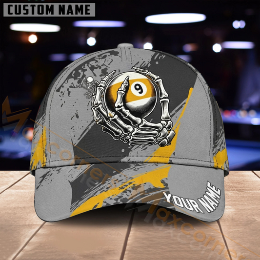 Maxcorners Billiards 9 Ball Eagle Gray Gold Graphic Multiple Options Personalized Name 3D Cap