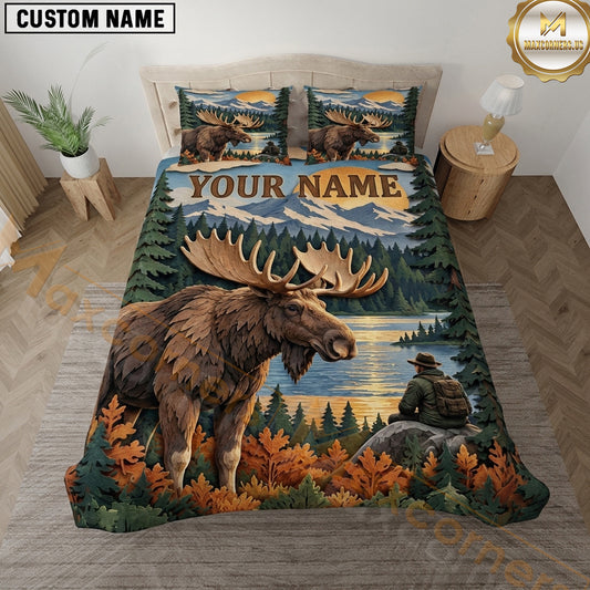 Maxcorners Moose Hunting Mountain Lake Autumn Wilderness Scene Multiple Options Personalized Name 3D Printed Bedding Set