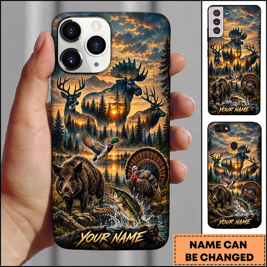 Maxcorners Wildlife Outdoor Hunting Moose Bear Turkey Sunset Lake Personalized Name 3D Phone Case