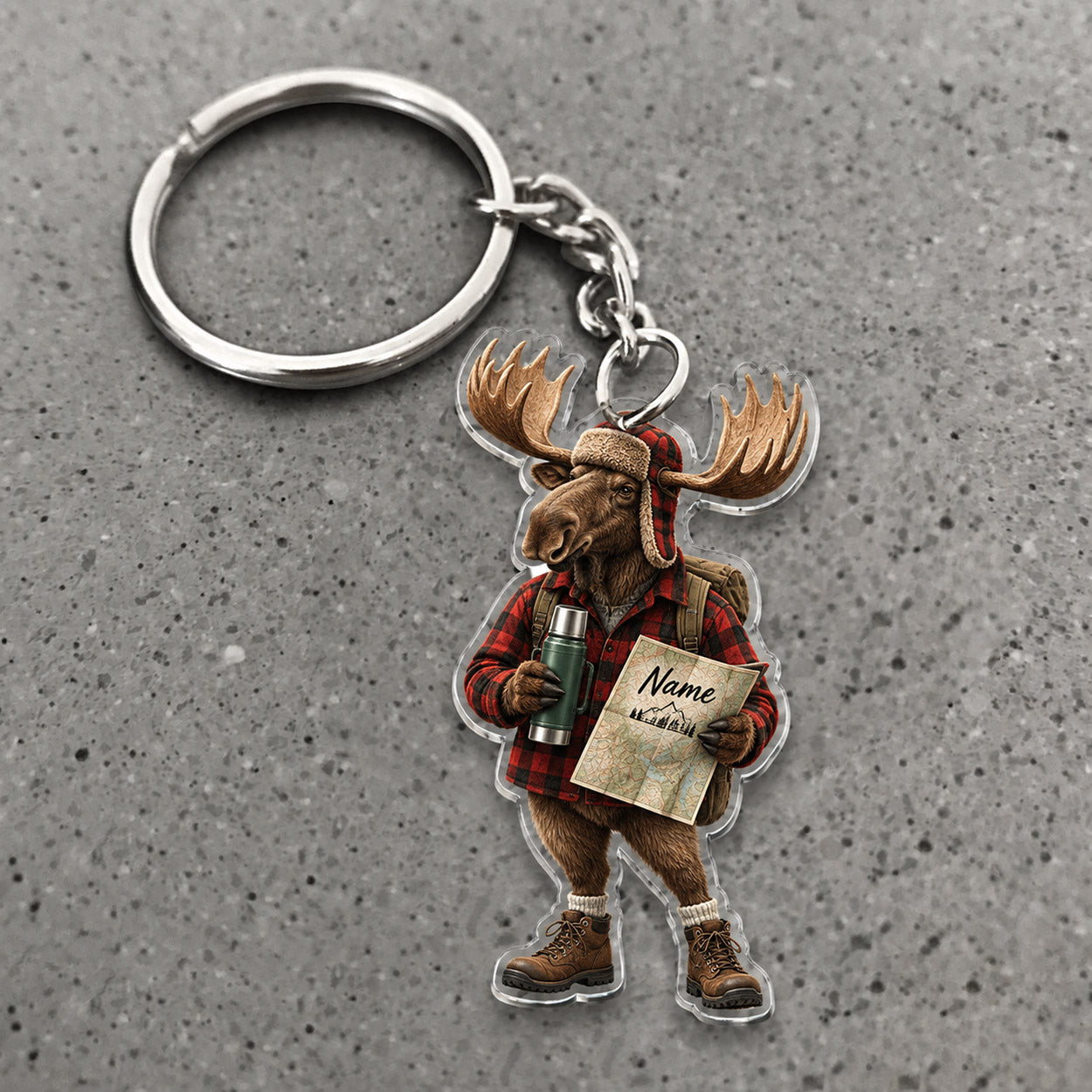 Maxcorners Moose Traveler Map Adventure Character Custom Name Trap Hunting Custom Gift 2D Flat Acrylic Ornament, Keychain