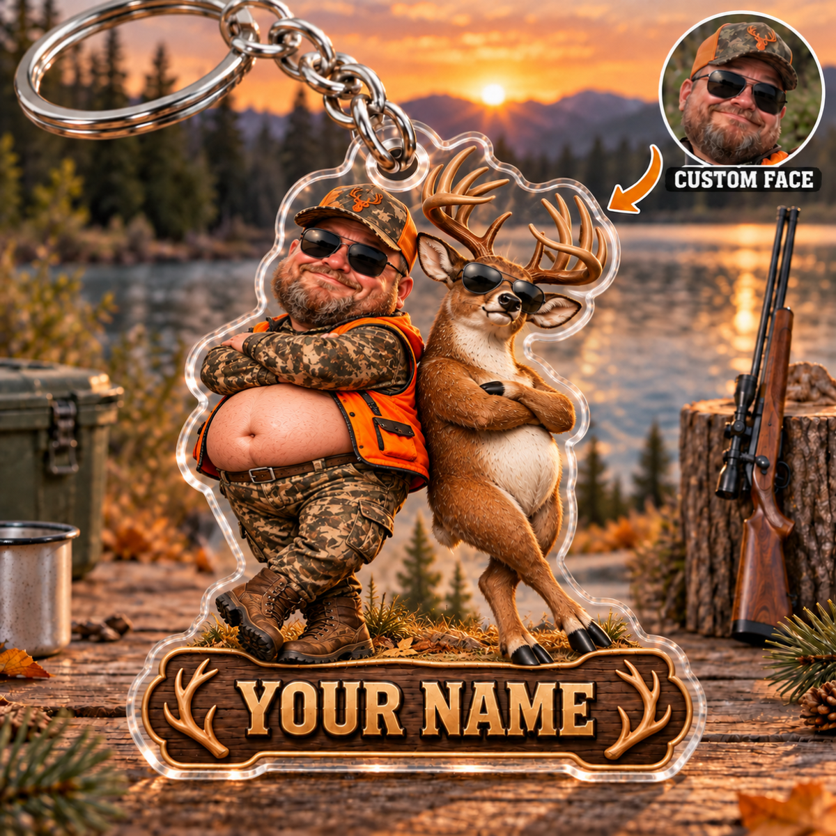 Maxcorners Deer Hunting Funny Belly Hunter Custom Name & Face Custom Gift 2D Flat Acrylic Ornament, Keychain