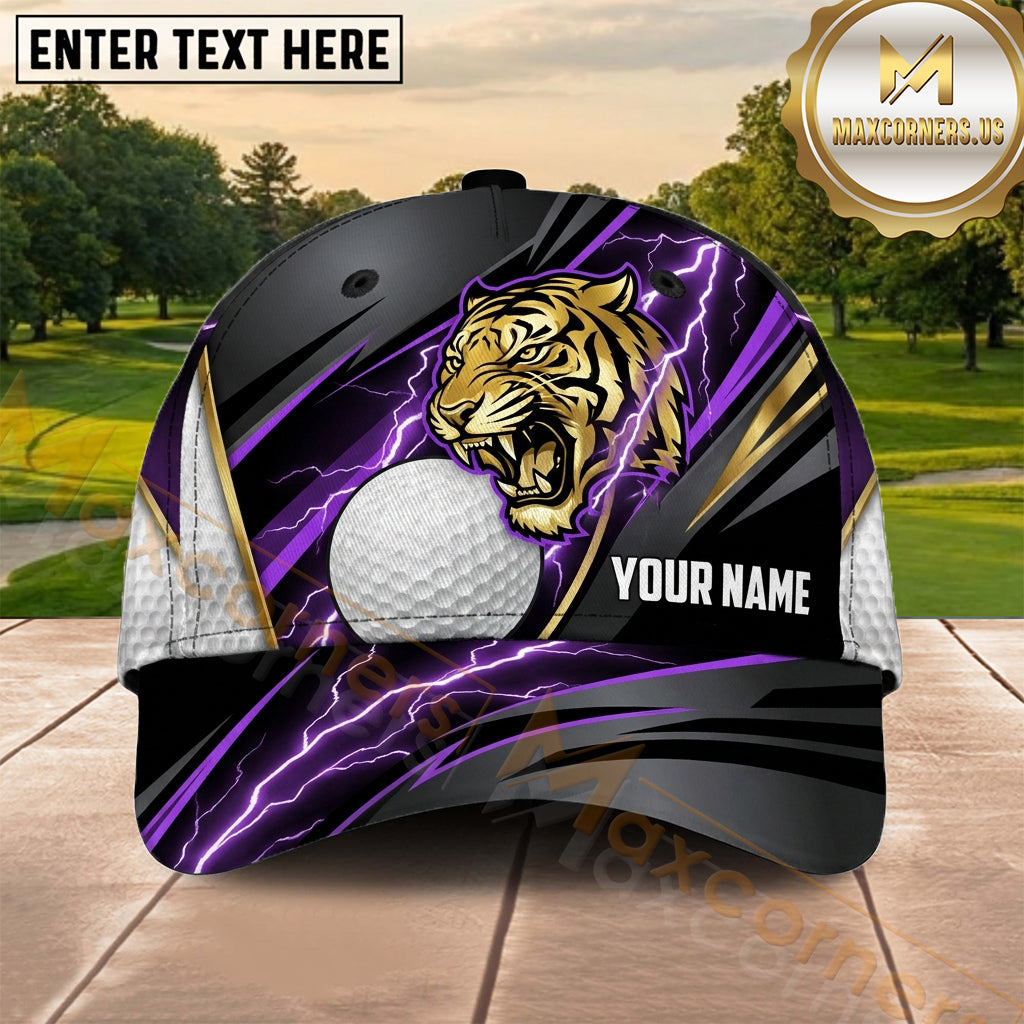 Maxcorners Golf Fierce Tiger Purple Lightning Personalized Name 3D Cap