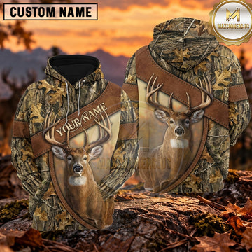 Maxcorners Whitetail Buck Woodland Leather Accent Personalized Name 3D Hoodie