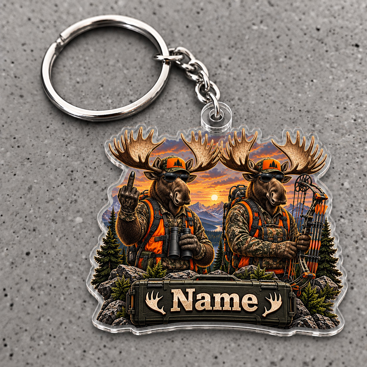 Maxcorners Moose Hunting Buddies Sunset Forest Adventure Custom Name Trap Hunting Custom Gift 2D Flat Acrylic Ornament, Keychain