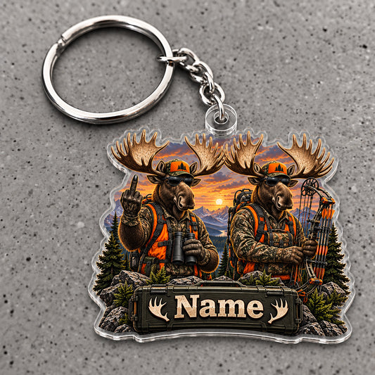 Maxcorners Moose Hunting Buddies Sunset Forest Adventure Custom Name Trap Hunting Custom Gift 2D Flat Acrylic Ornament, Keychain