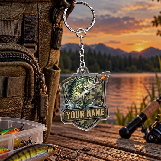 Maxcorners Vintage Olive Green Fishing Badge Personalized Name 2D Acrylic Keychain Ornament (8 Fish Species)