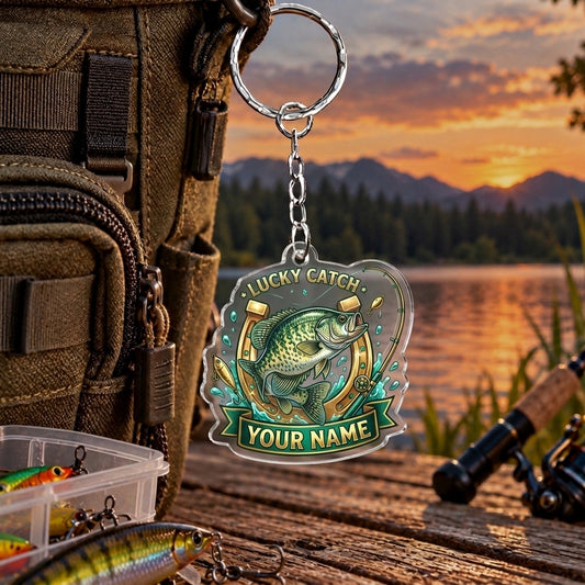 Maxcorners Lucky Catch Vintage Fishing Badge Personalized Name 2D Acrylic Keychain Ornament (8 Fish Species)
