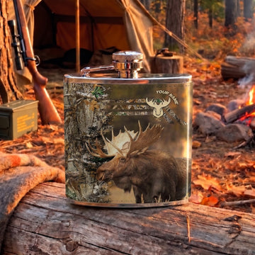 Maxcorners Moose Hunting Majestic Bull Moose Woodland Scene Multiple Options Personalized Name 3D Hip Flask