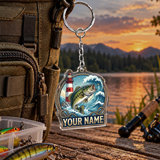 Maxcorners Coastal Lighthouse Fishing Artwork Personalized Name 2D Acrylic Keychain Ornament (8 Fish Species)