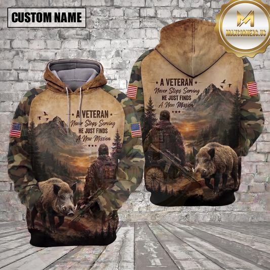 Maxcorners Veteran Hunting American Flag Camo Never Stops Serving Personalized Name 3D Hoodie