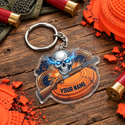 Maxcorners Blue Electric Skull Clay Shooting Trap Shooting Personalized Name Acrylic Keychain