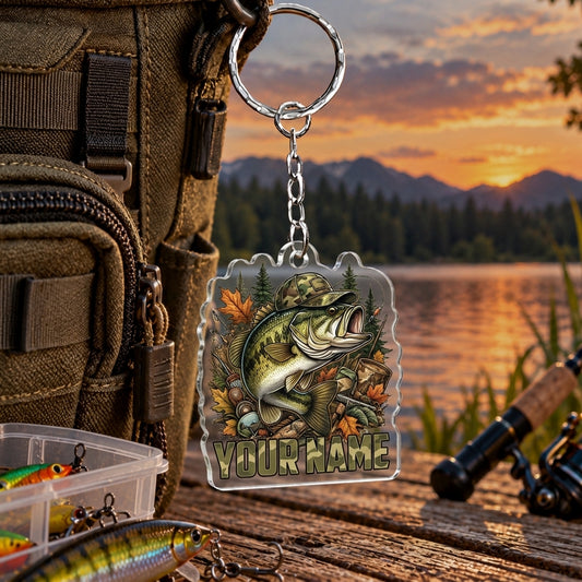 Maxcorners Rustic Woodland Fishing Artwork Personalized Name 2D Acrylic Keychain Ornament (8 Fish Species)