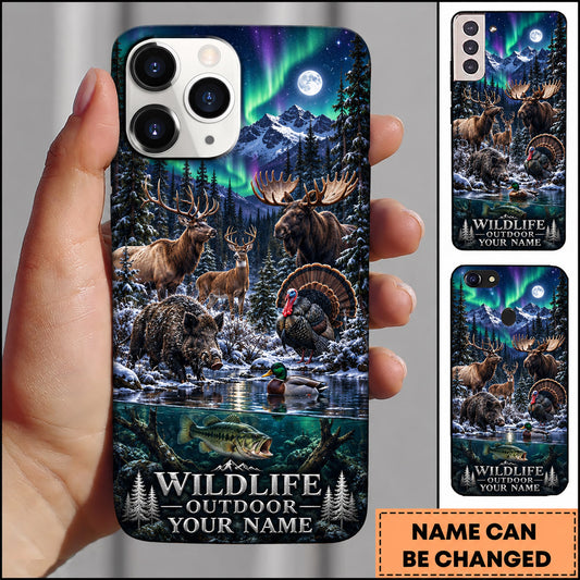 Maxcorners Wildlife Outdoor Hunting Moose Bear Turkey Aurora Night Personalized Name 3D Phone Case