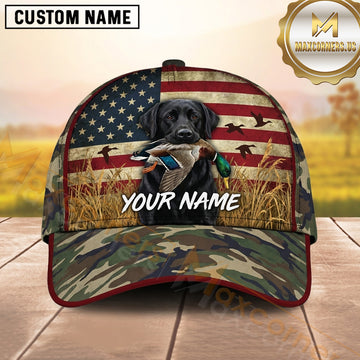 Maxcorners Distressed American Flag Woodland Camo Duck Hunting With Dogs Multi Options Personalized Name 3D Cap