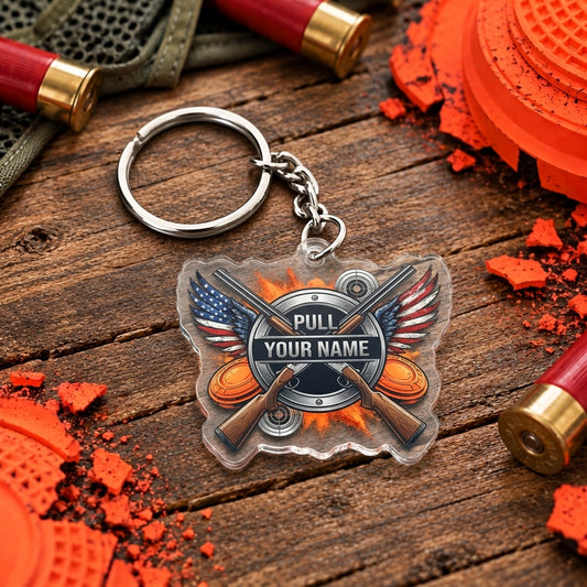 Maxcorners Silver Eagle Wings Crossed Shotguns Trap Shooting Personalized Name Acrylic Keychain
